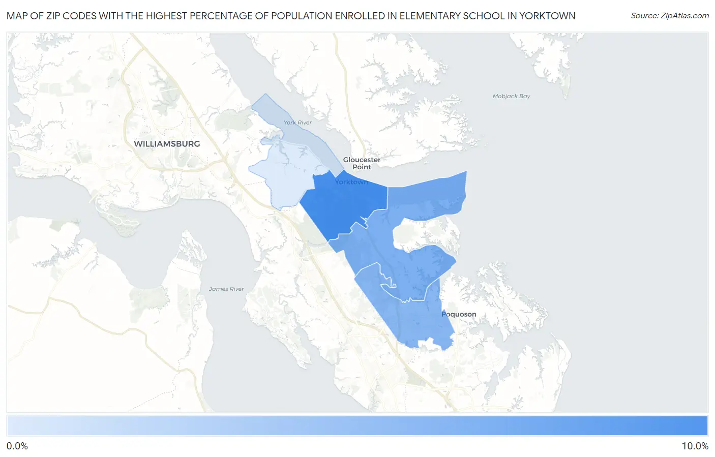 Zip Codes with the Highest Percentage of Population Enrolled in Elementary School in Yorktown Map