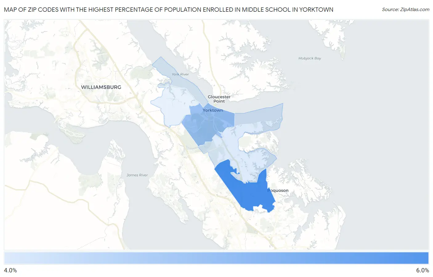 Zip Codes with the Highest Percentage of Population Enrolled in Middle School in Yorktown Map