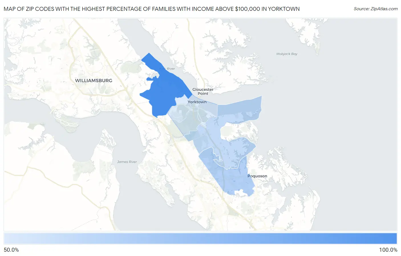 Zip Codes with the Highest Percentage of Families with Income Above $100,000 in Yorktown Map