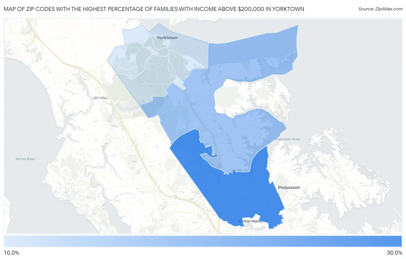 Zip Codes with the Highest Percentage of Families with Income Above $200,000 in Yorktown Map