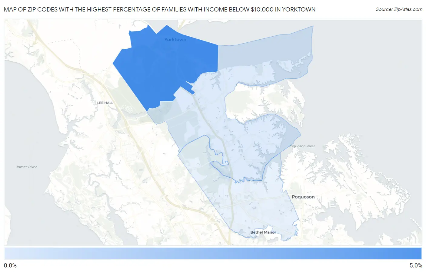 Zip Codes with the Highest Percentage of Families with Income Below $10,000 in Yorktown Map