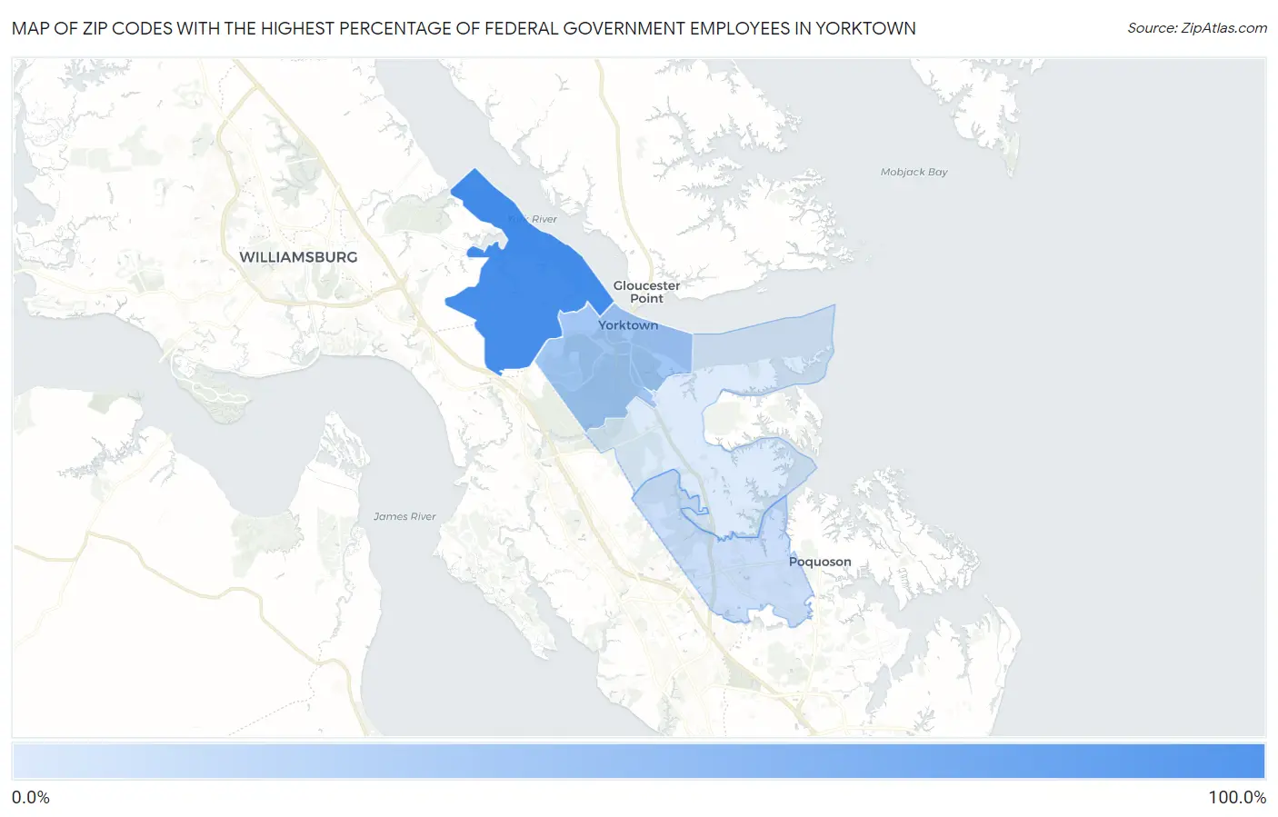 Zip Codes with the Highest Percentage of Federal Government Employees in Yorktown Map