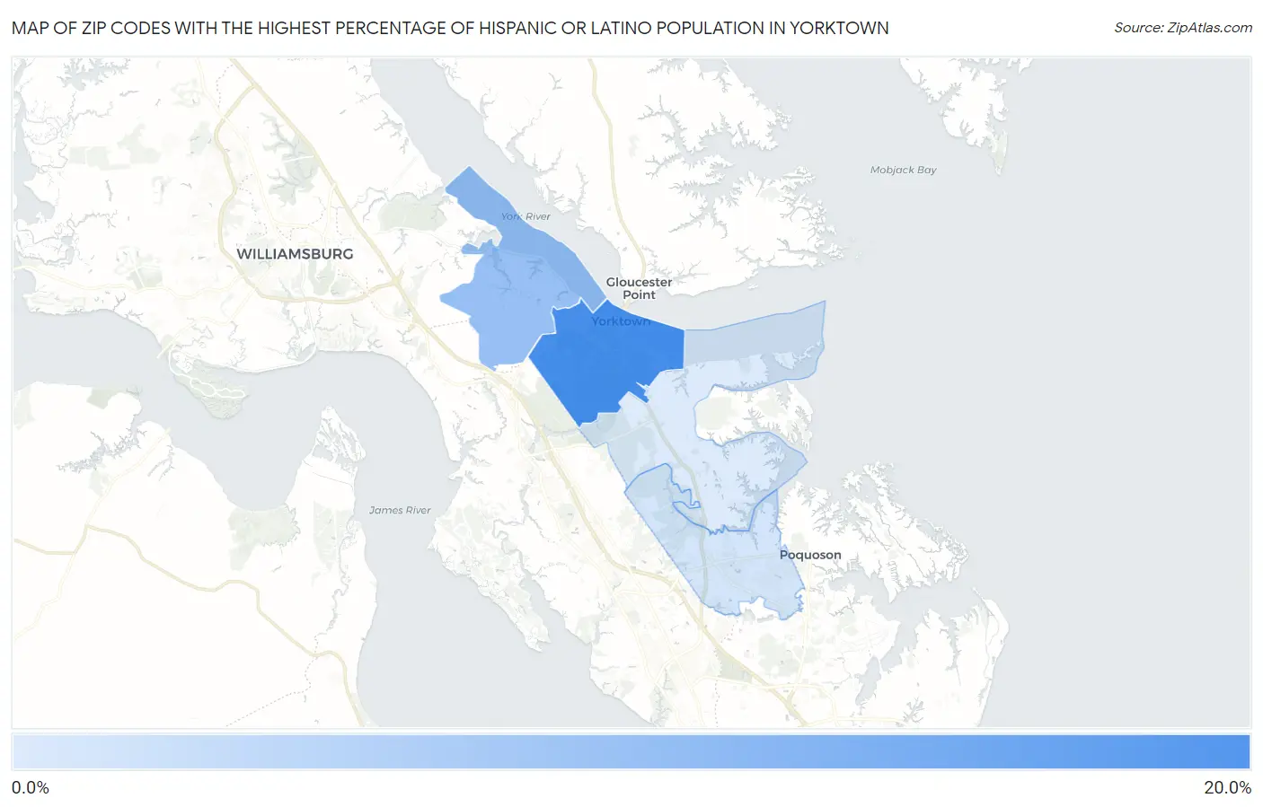 Zip Codes with the Highest Percentage of Hispanic or Latino Population in Yorktown Map