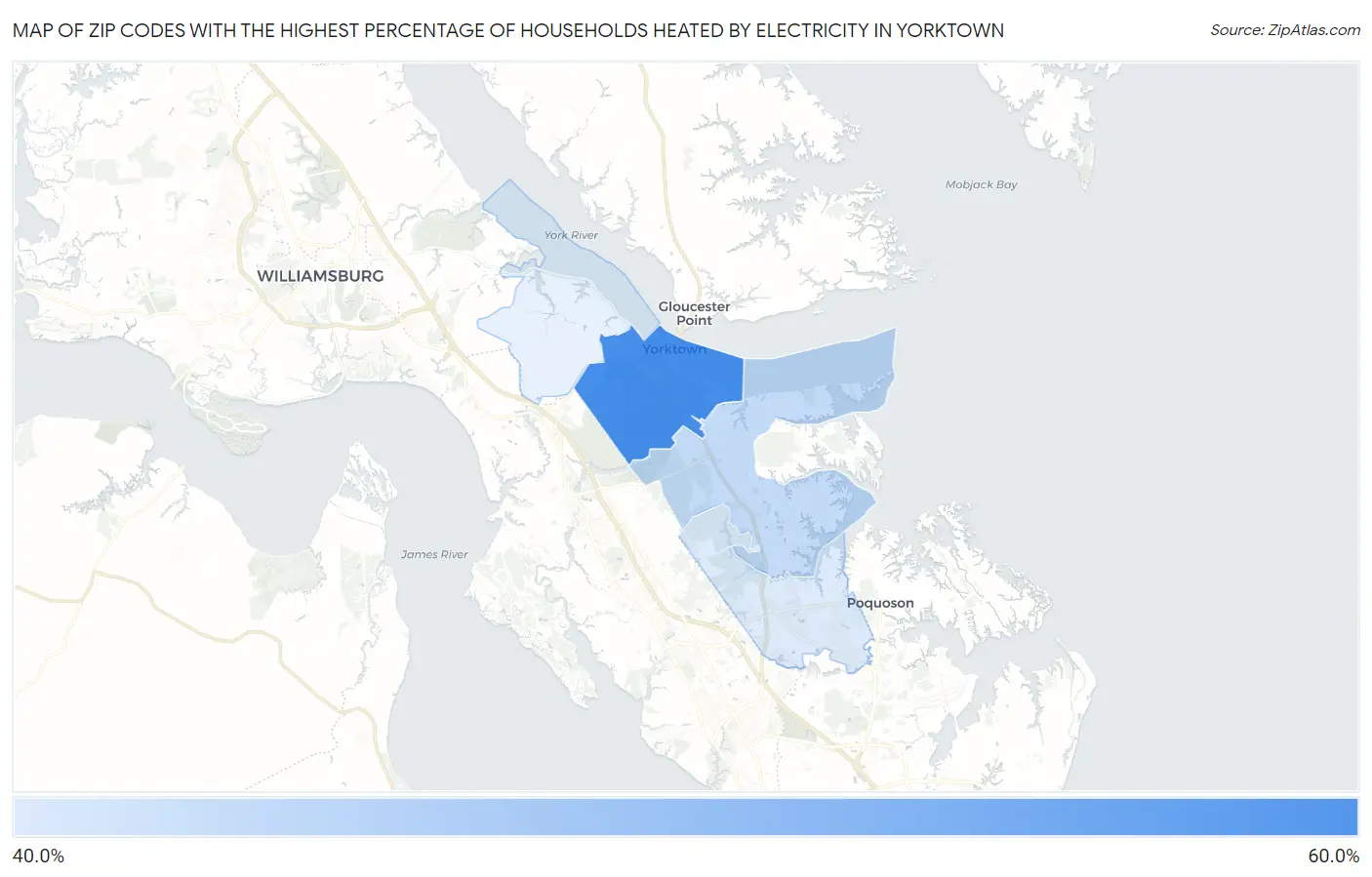 Zip Codes with the Highest Percentage of Households Heated by Electricity in Yorktown Map