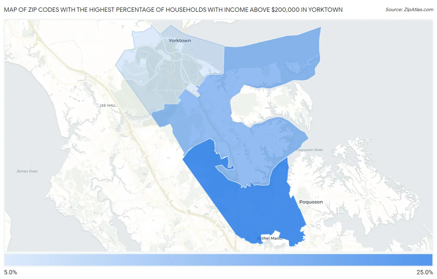 Zip Codes with the Highest Percentage of Households with Income Above $200,000 in Yorktown Map