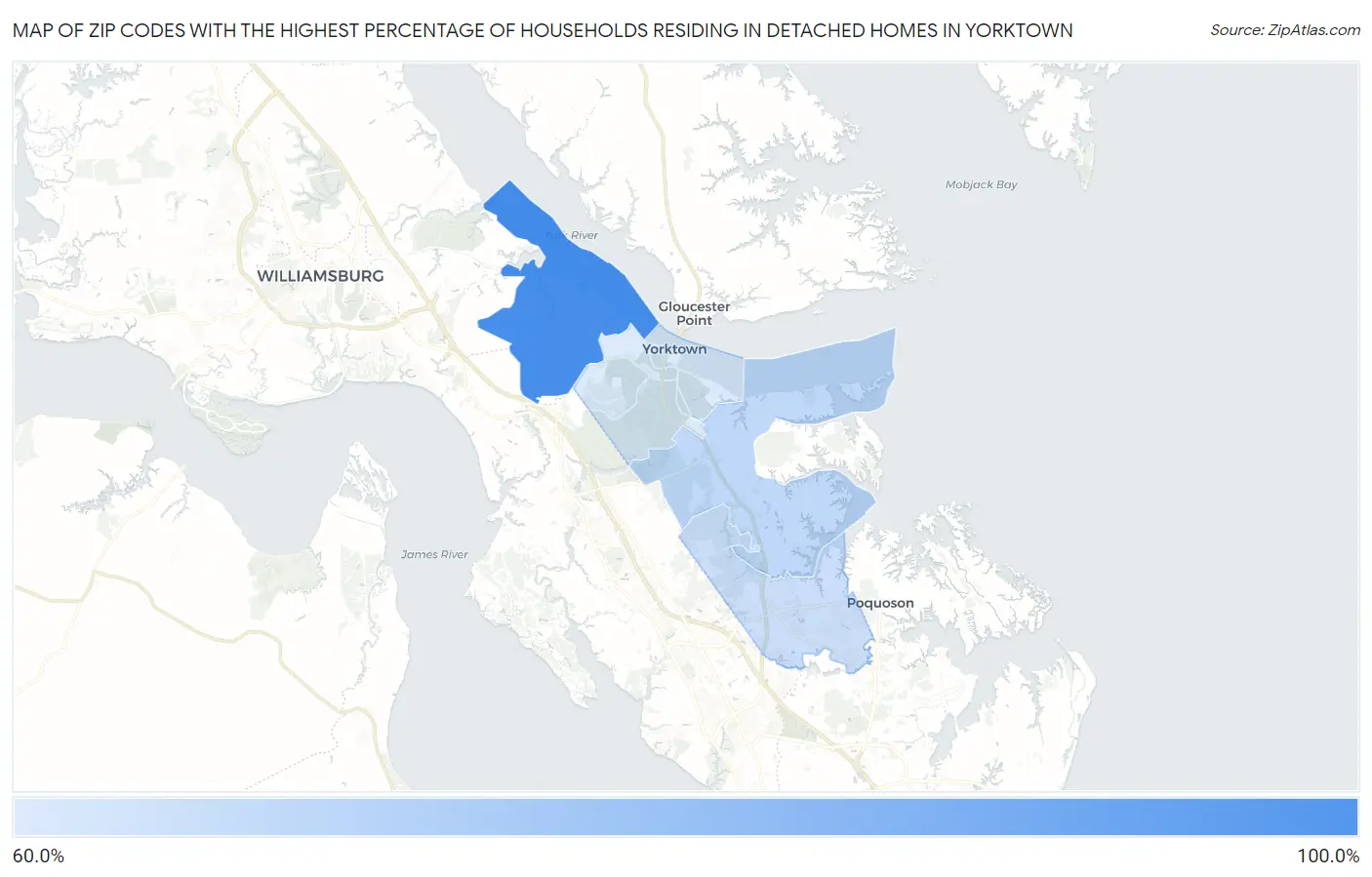 Zip Codes with the Highest Percentage of Households Residing in Detached Homes in Yorktown Map