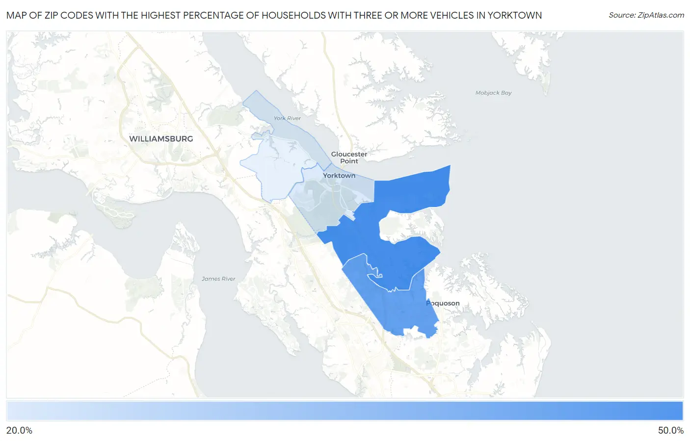 Zip Codes with the Highest Percentage of Households With Three or more Vehicles in Yorktown Map