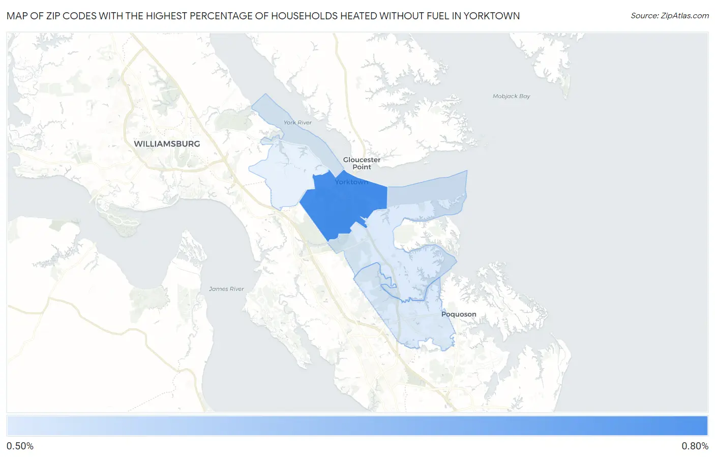 Zip Codes with the Highest Percentage of Households Heated without Fuel in Yorktown Map