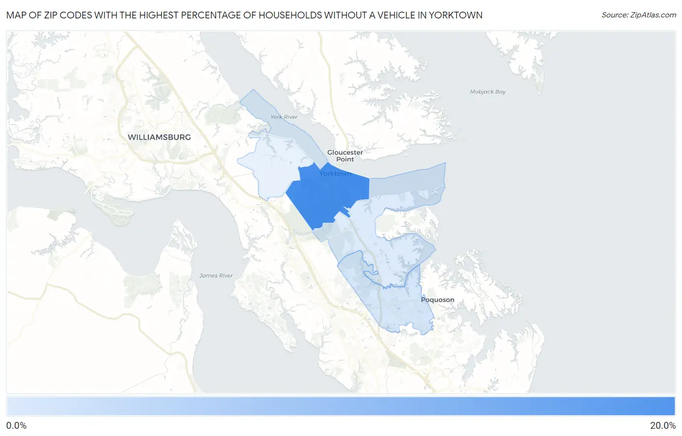 Zip Codes with the Highest Percentage of Households Without a Vehicle in Yorktown Map