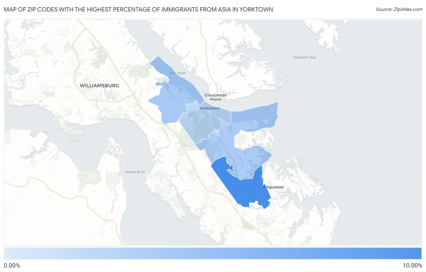 Zip Codes with the Highest Percentage of Immigrants from Asia in Yorktown Map