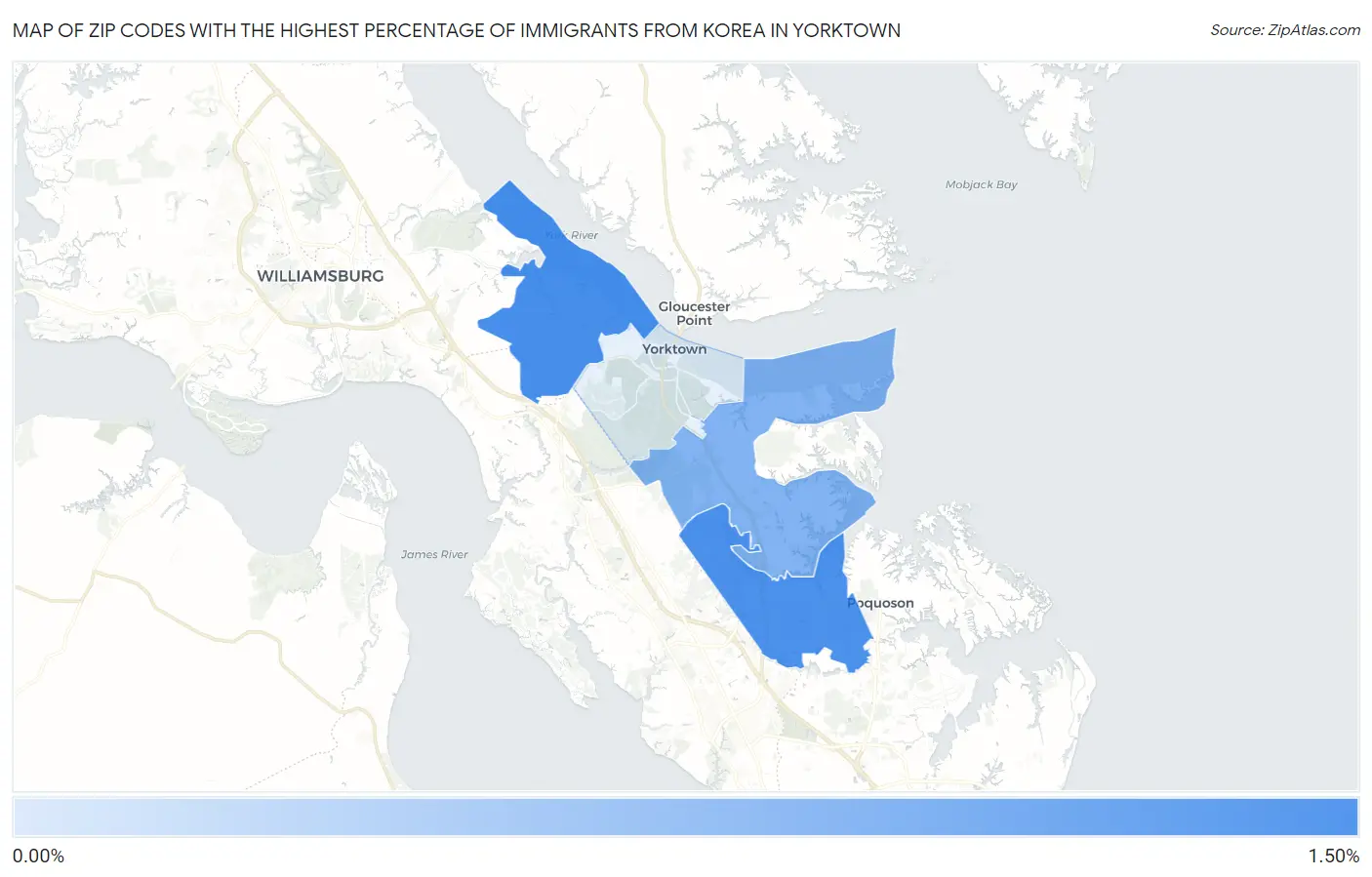 Zip Codes with the Highest Percentage of Immigrants from Korea in Yorktown Map