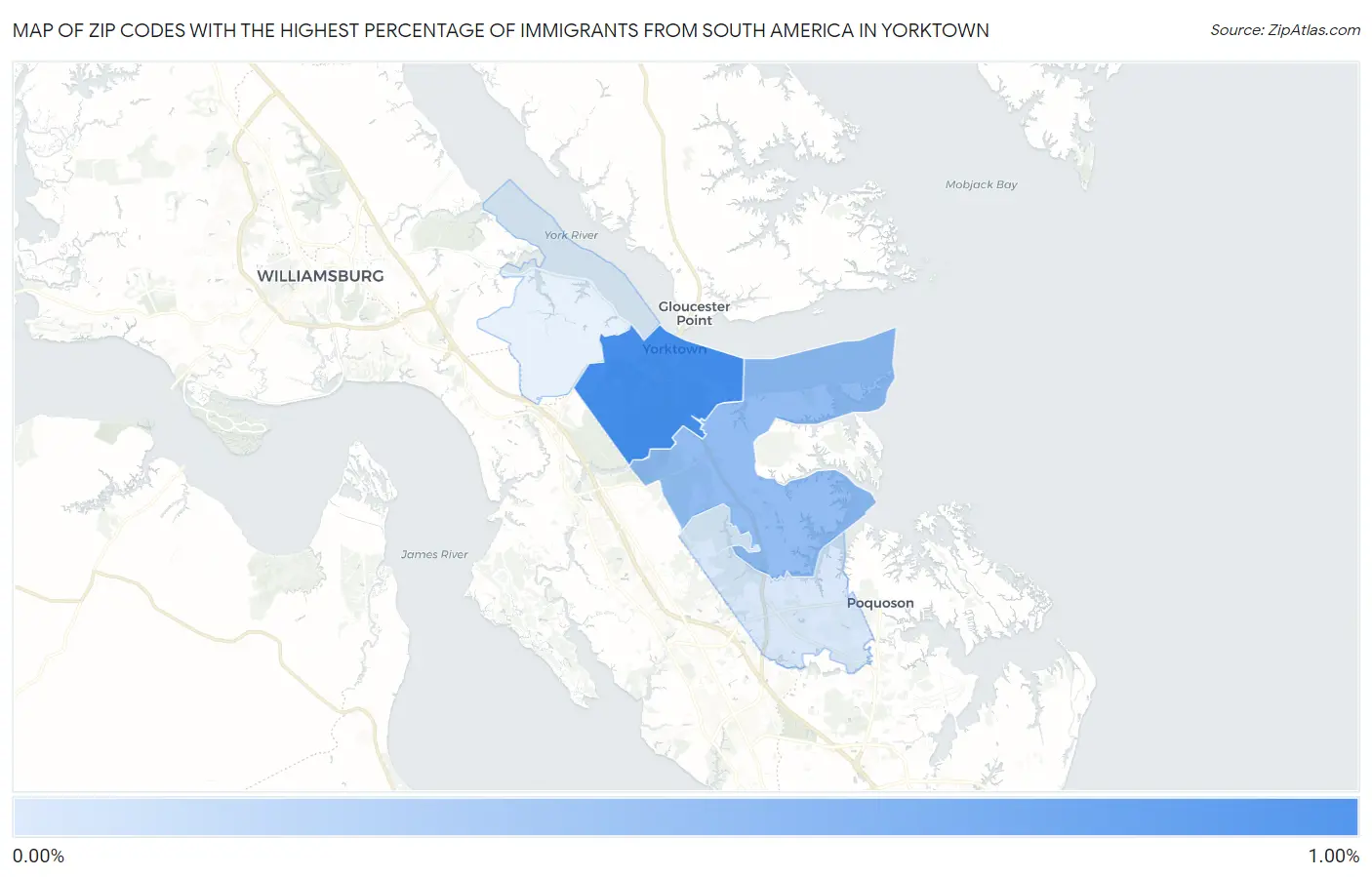 Zip Codes with the Highest Percentage of Immigrants from South America in Yorktown Map