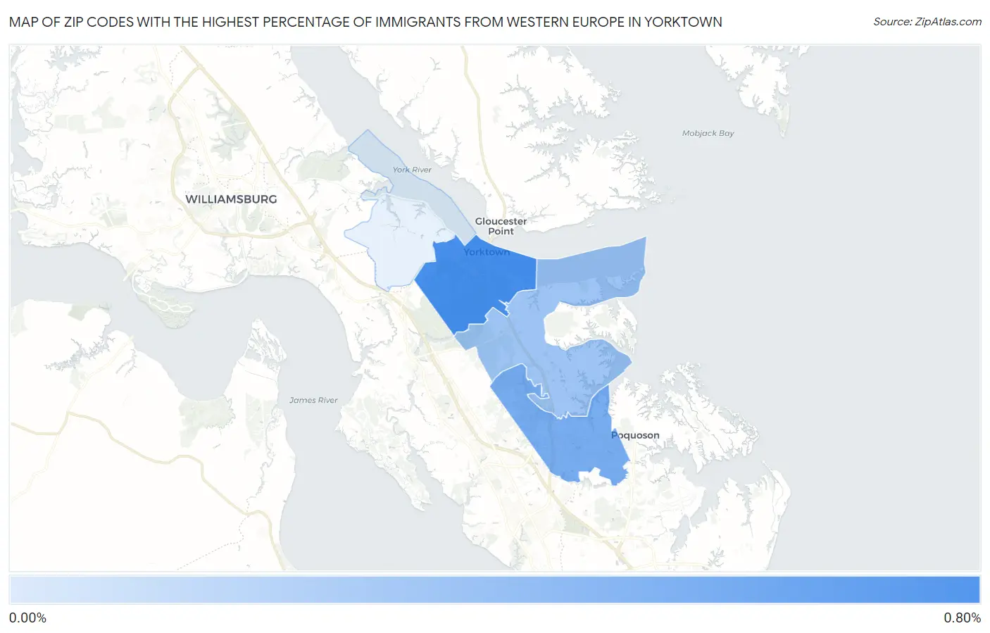 Zip Codes with the Highest Percentage of Immigrants from Western Europe in Yorktown Map