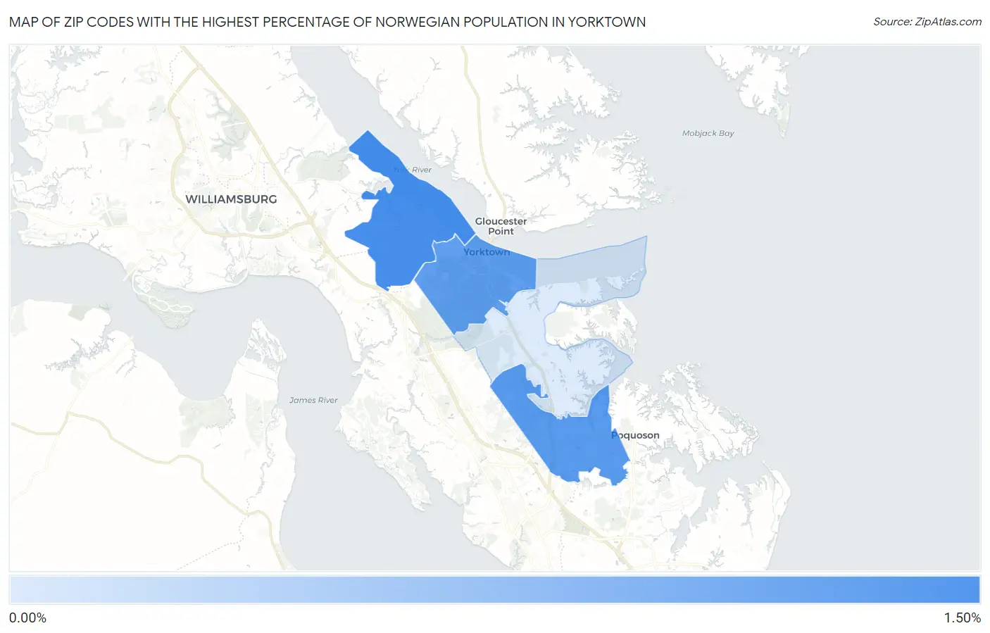 Zip Codes with the Highest Percentage of Norwegian Population in Yorktown Map