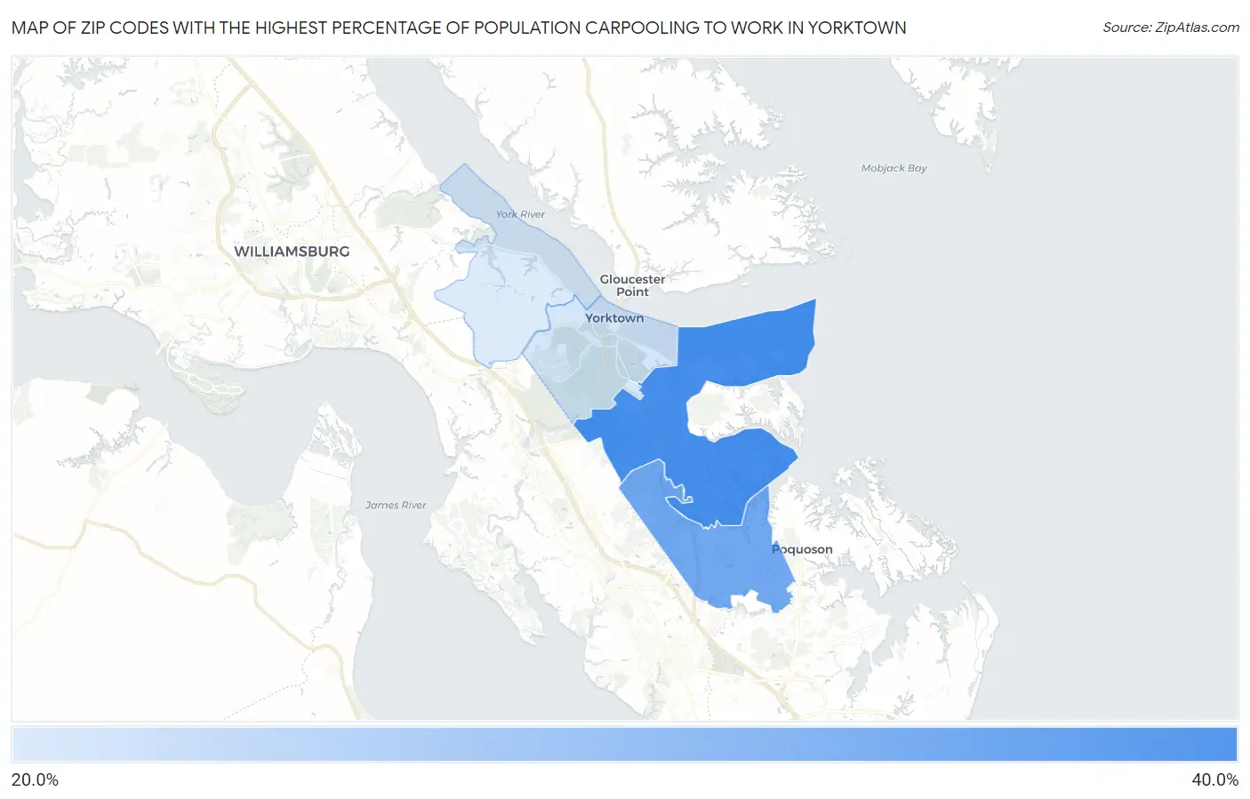 Zip Codes with the Highest Percentage of Population Carpooling to Work in Yorktown Map