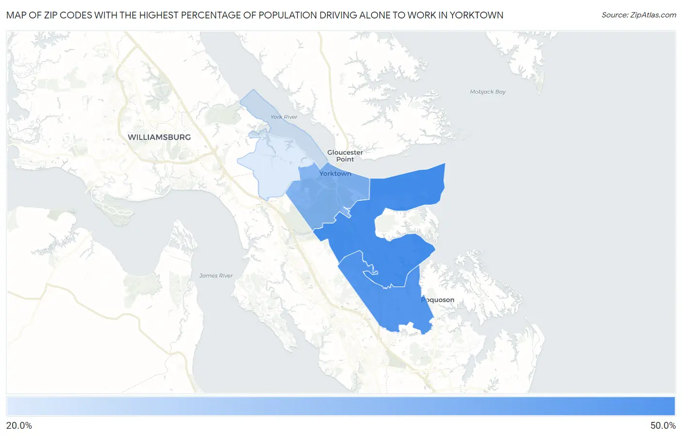 Zip Codes with the Highest Percentage of Population Driving Alone to Work in Yorktown Map