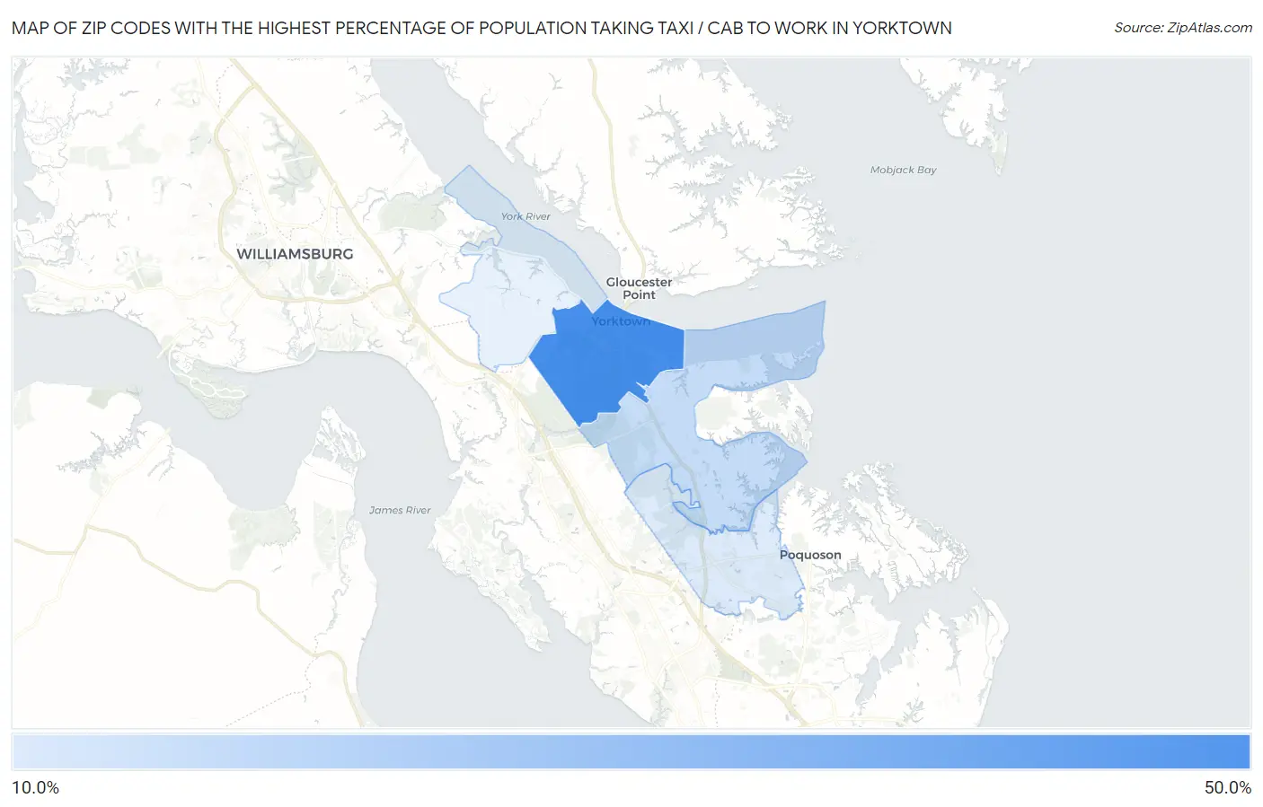 Zip Codes with the Highest Percentage of Population Taking Taxi / Cab to Work in Yorktown Map