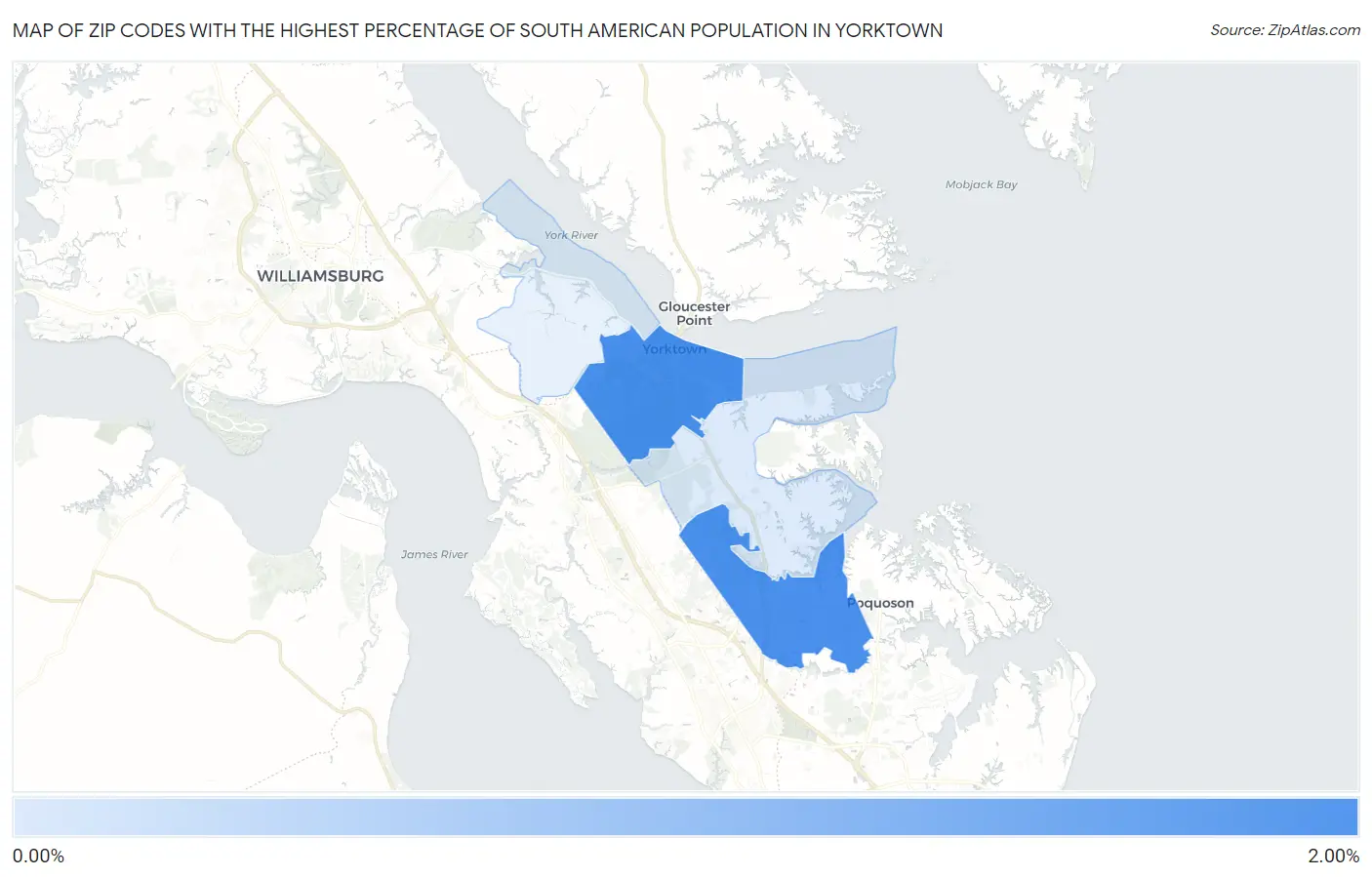 Zip Codes with the Highest Percentage of South American Population in Yorktown Map