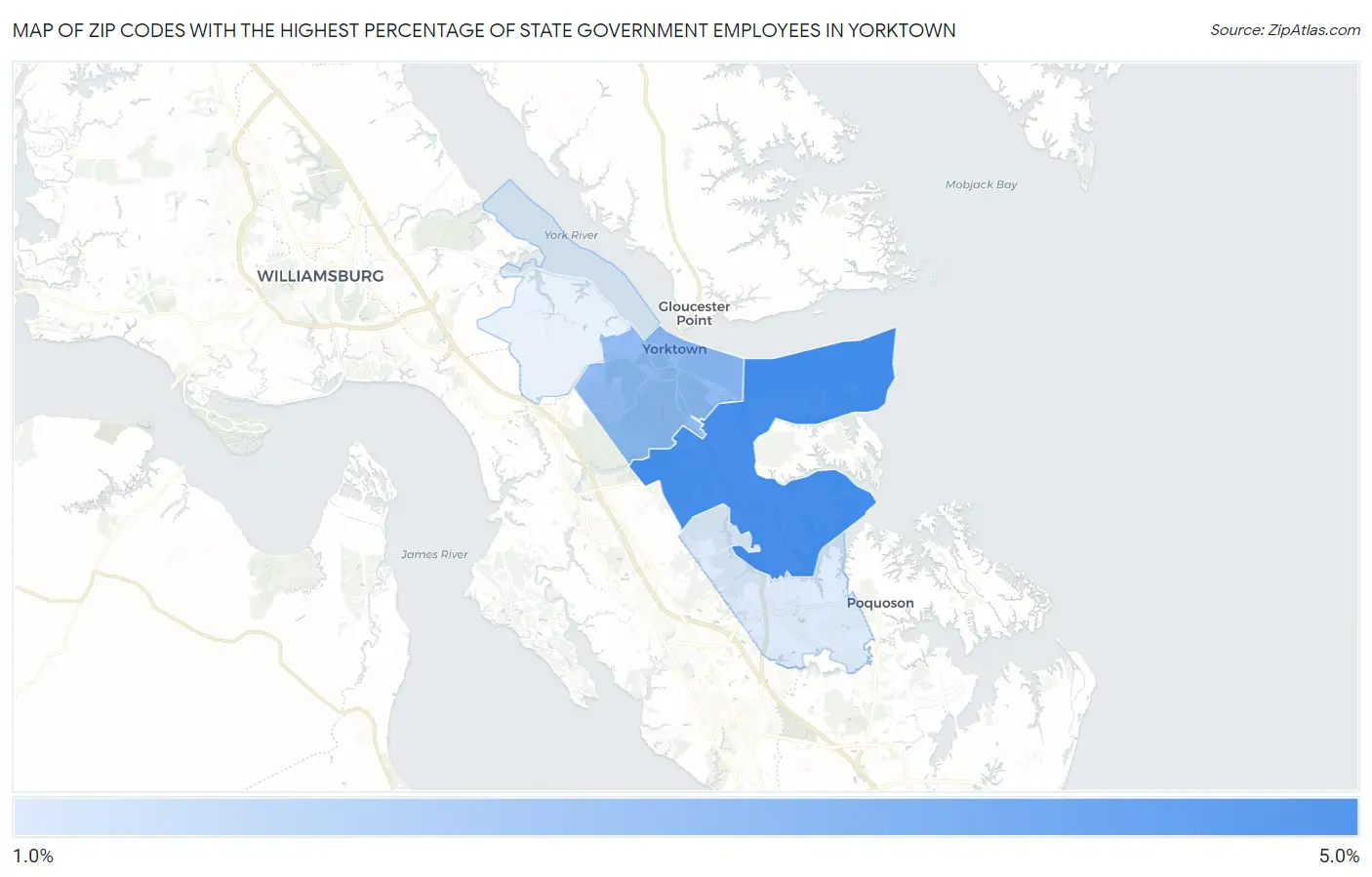 Zip Codes with the Highest Percentage of State Government Employees in Yorktown Map