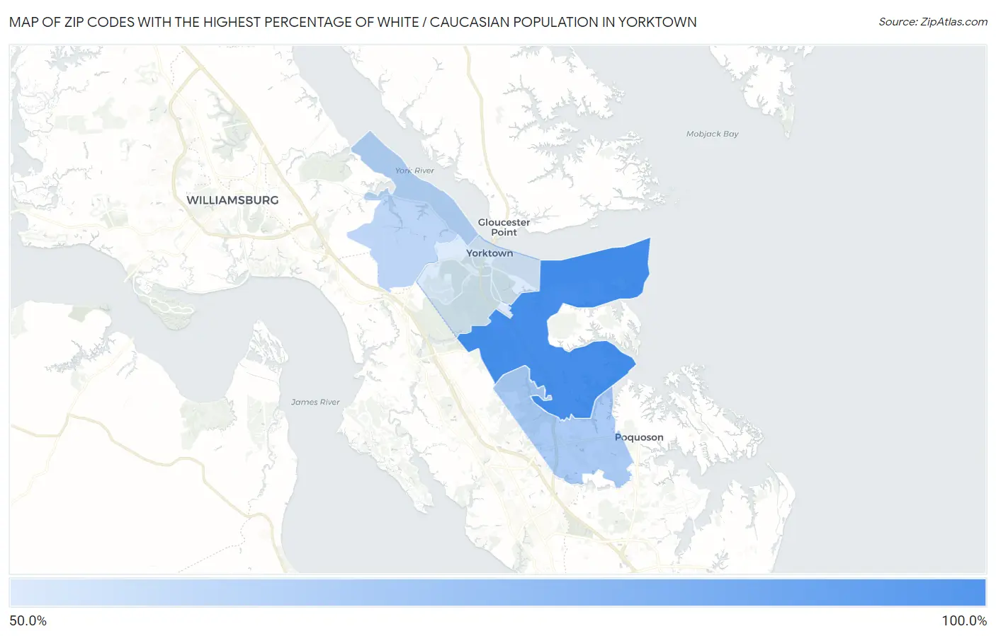 Zip Codes with the Highest Percentage of White / Caucasian Population in Yorktown Map