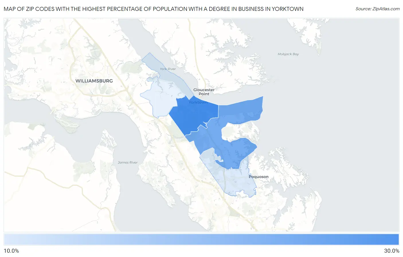 Zip Codes with the Highest Percentage of Population with a Degree in Business in Yorktown Map