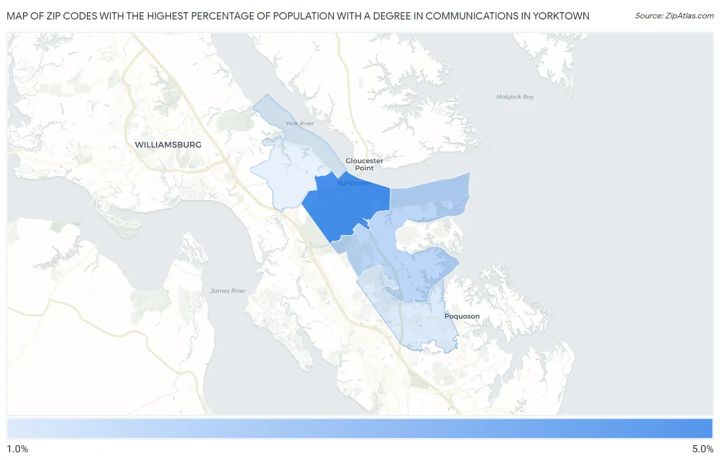 Zip Codes with the Highest Percentage of Population with a Degree in Communications in Yorktown Map