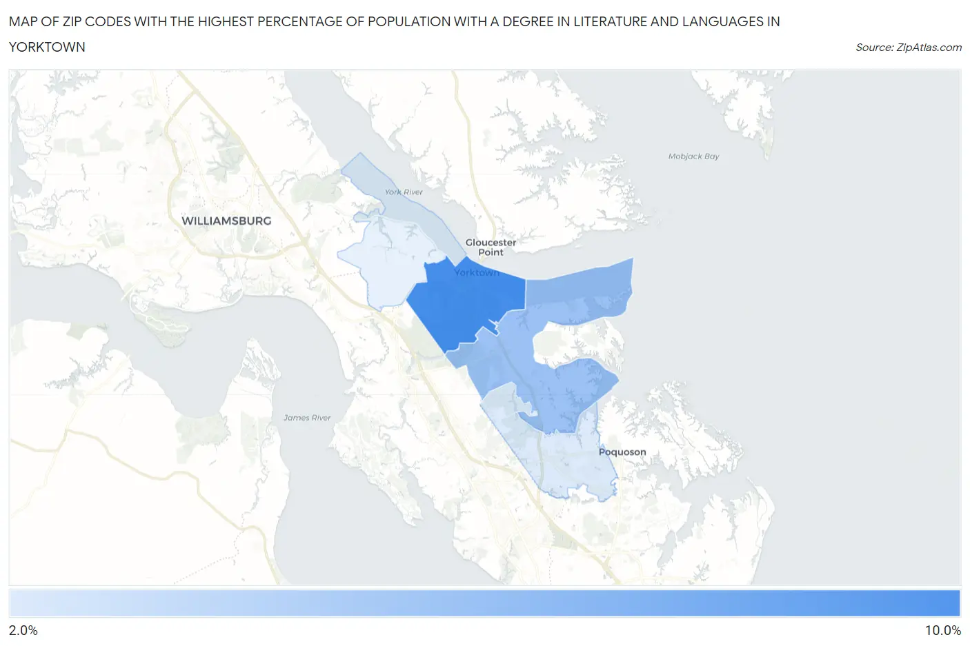 Zip Codes with the Highest Percentage of Population with a Degree in Literature and Languages in Yorktown Map