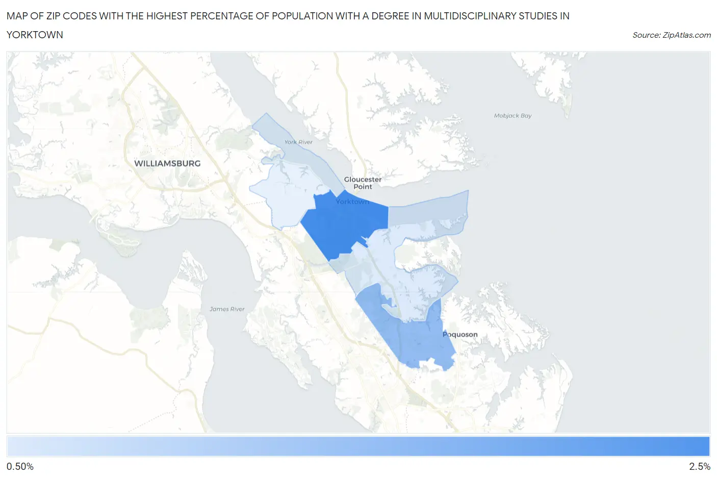 Zip Codes with the Highest Percentage of Population with a Degree in Multidisciplinary Studies in Yorktown Map