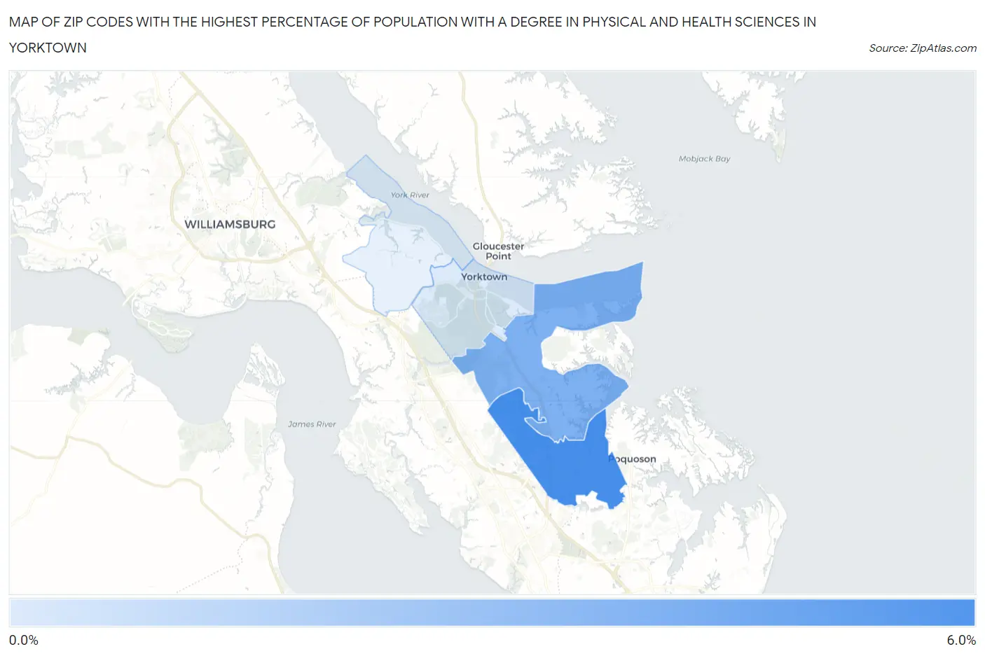 Zip Codes with the Highest Percentage of Population with a Degree in Physical and Health Sciences in Yorktown Map