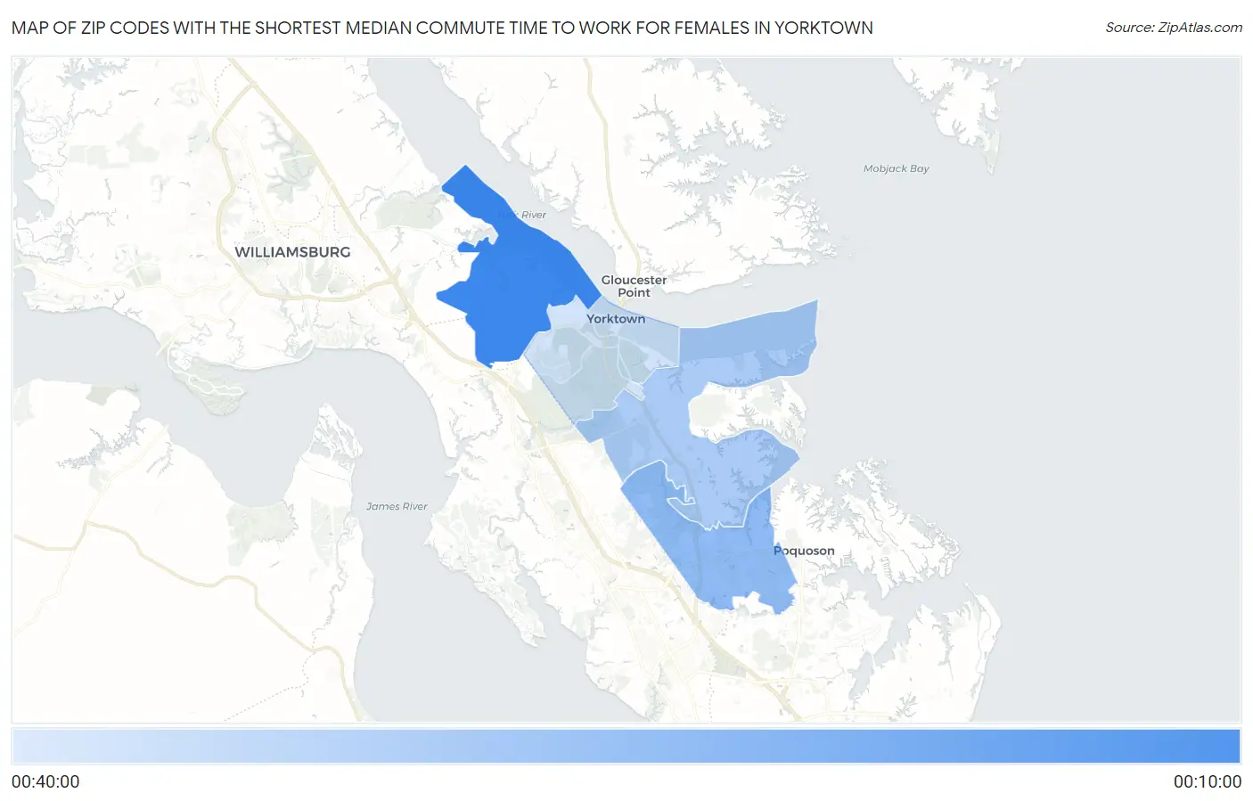 Zip Codes with the Shortest Median Commute Time to Work for Females in Yorktown Map