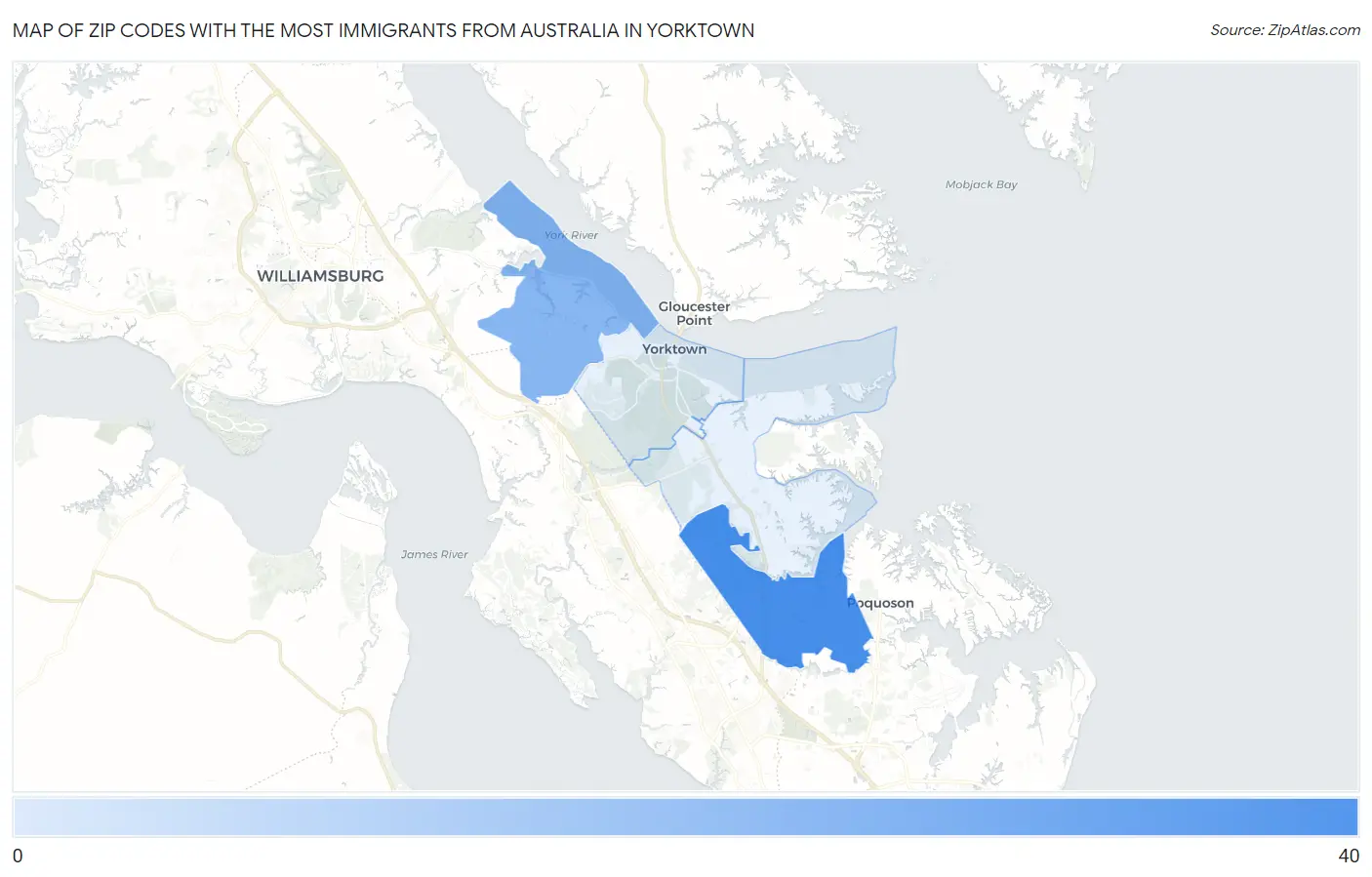 Zip Codes with the Most Immigrants from Australia in Yorktown Map
