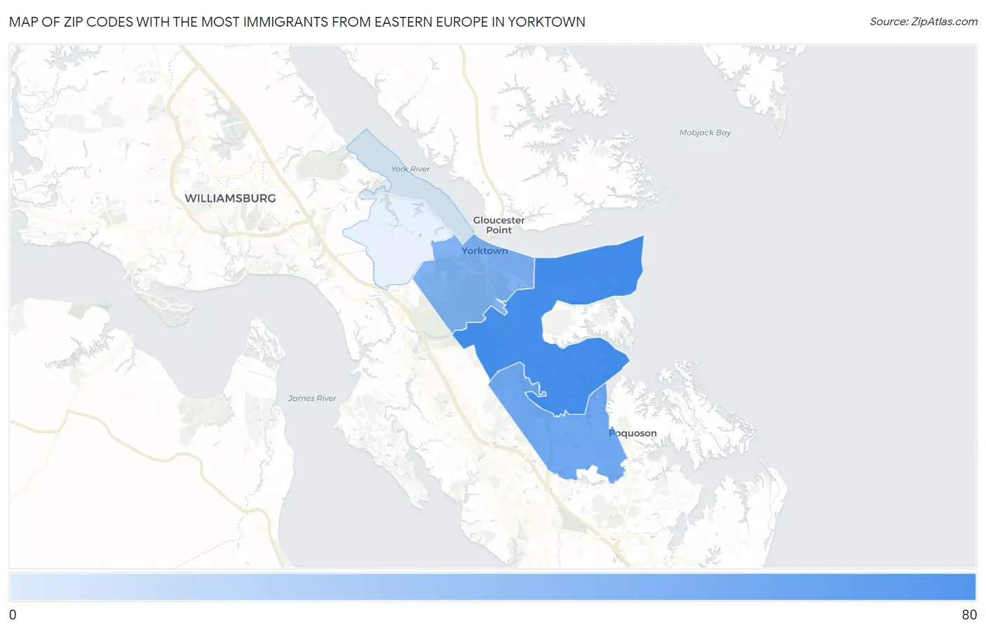 Zip Codes with the Most Immigrants from Eastern Europe in Yorktown Map