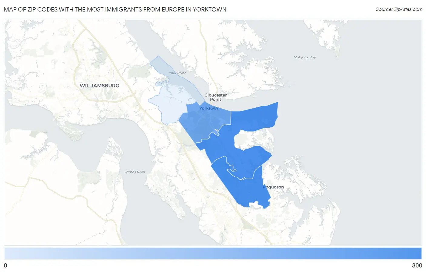 Zip Codes with the Most Immigrants from Europe in Yorktown Map