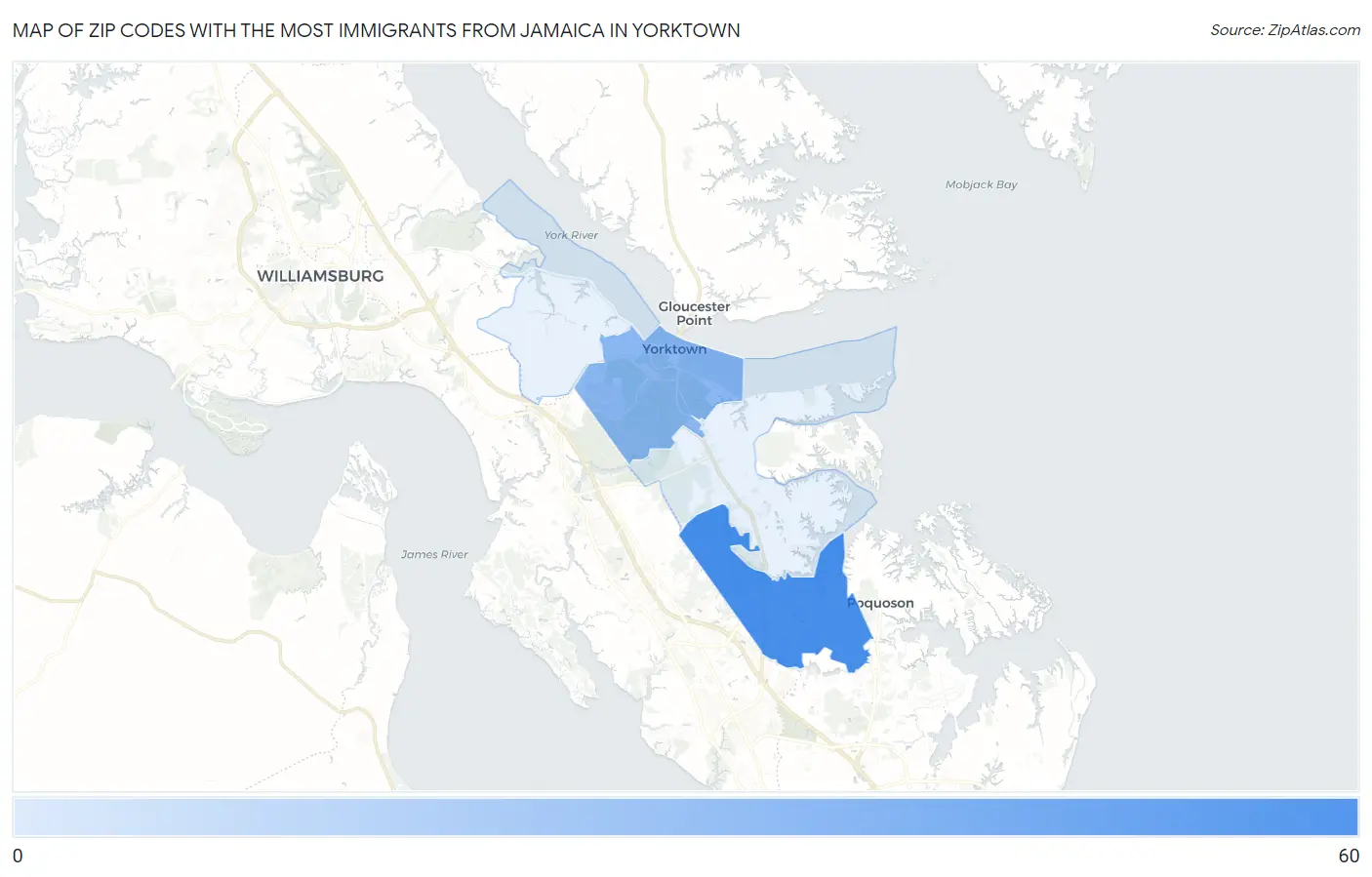 Zip Codes with the Most Immigrants from Jamaica in Yorktown Map