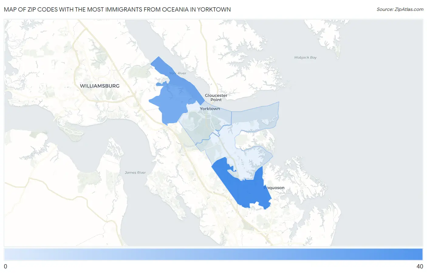 Zip Codes with the Most Immigrants from Oceania in Yorktown Map