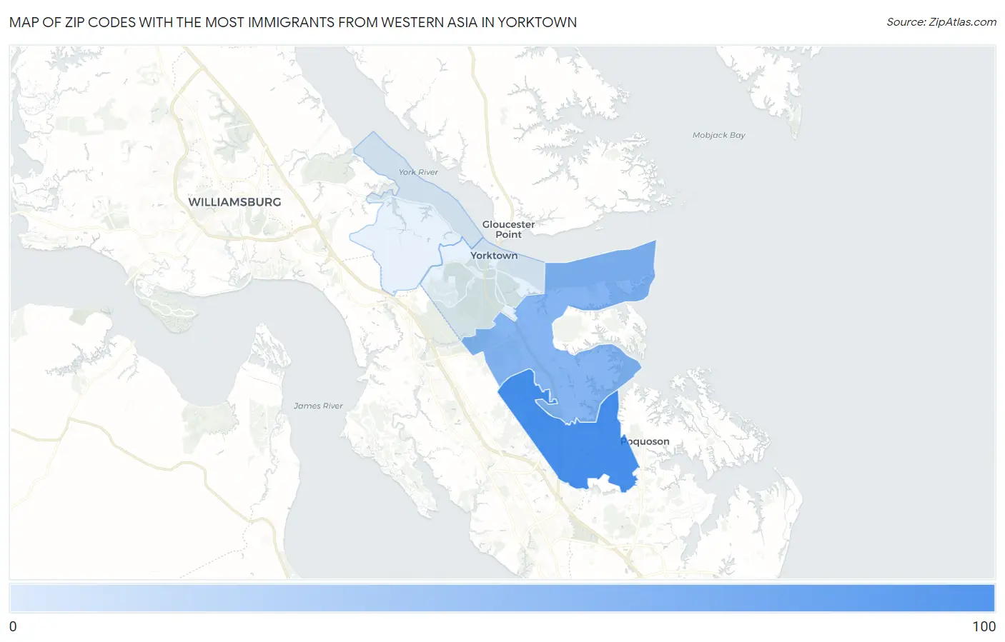 Zip Codes with the Most Immigrants from Western Asia in Yorktown Map
