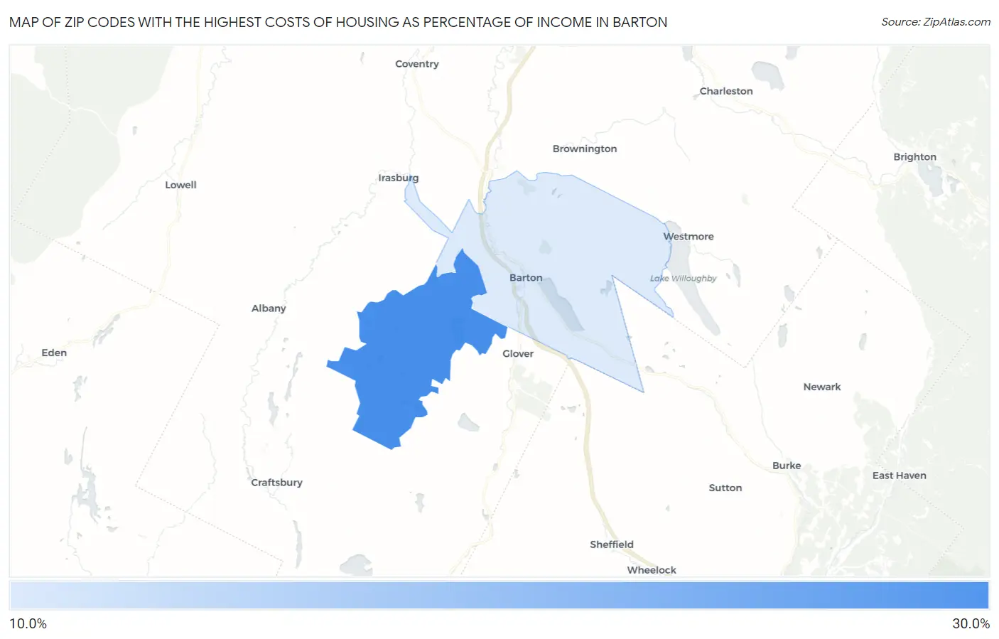 Zip Codes with the Highest Costs of Housing as Percentage of Income in Barton Map