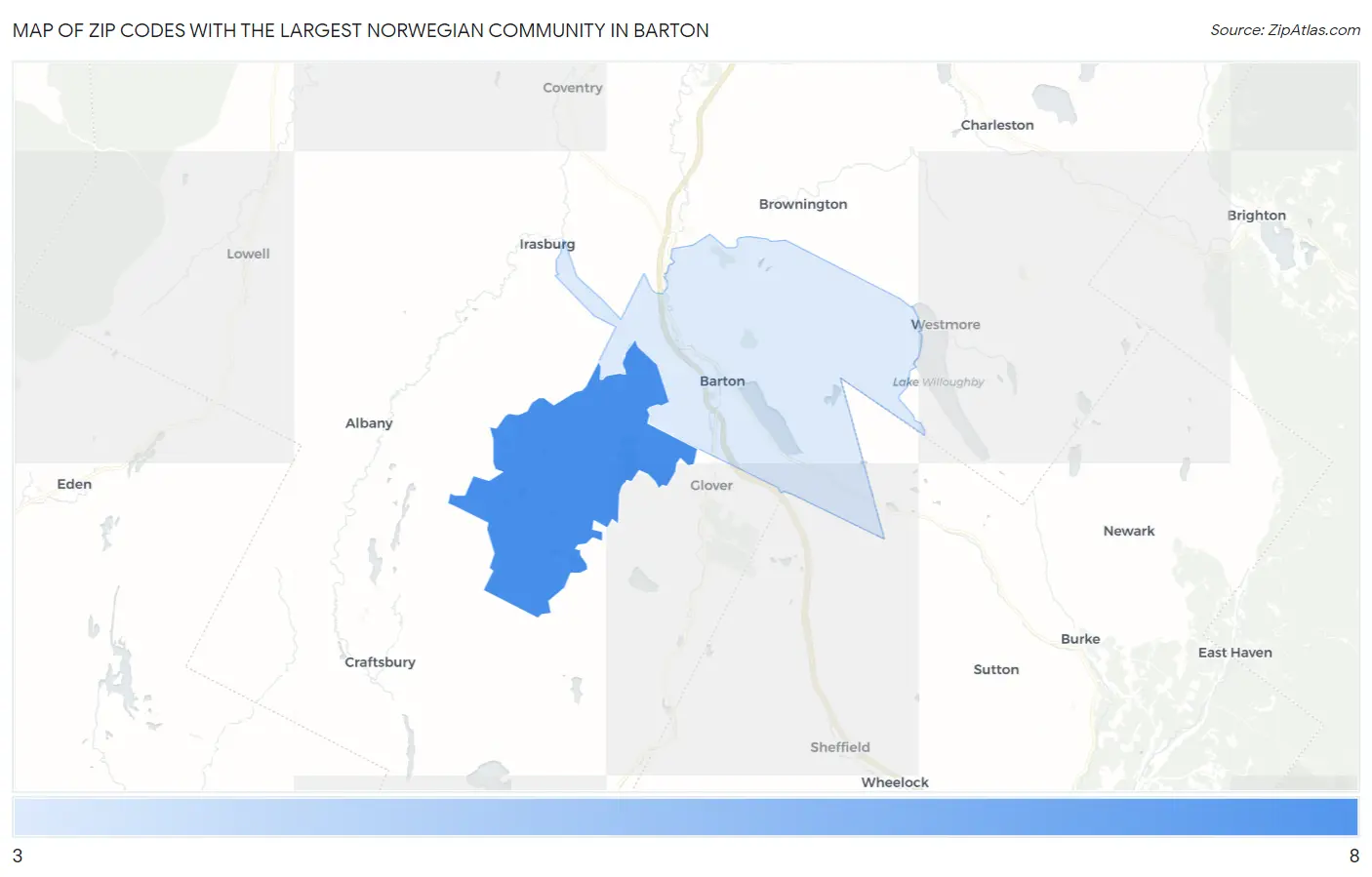 Zip Codes with the Largest Norwegian Community in Barton Map