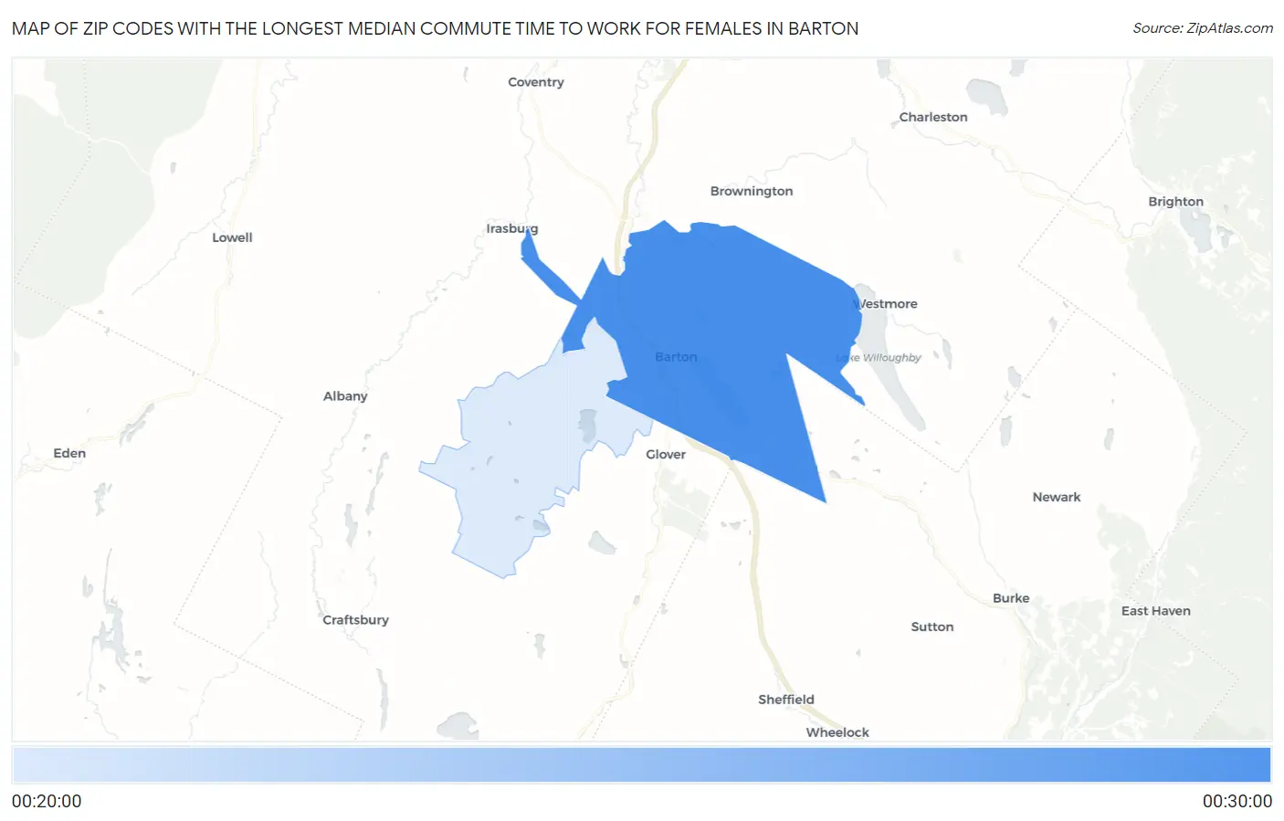 Zip Codes with the Longest Median Commute Time to Work for Females in Barton Map