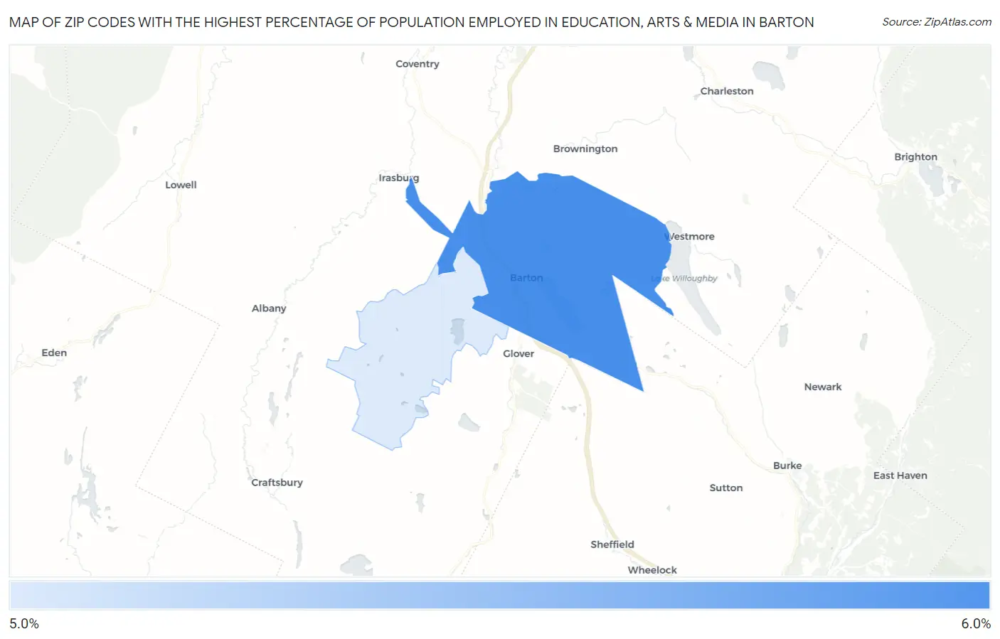 Zip Codes with the Highest Percentage of Population Employed in Education, Arts & Media in Barton Map