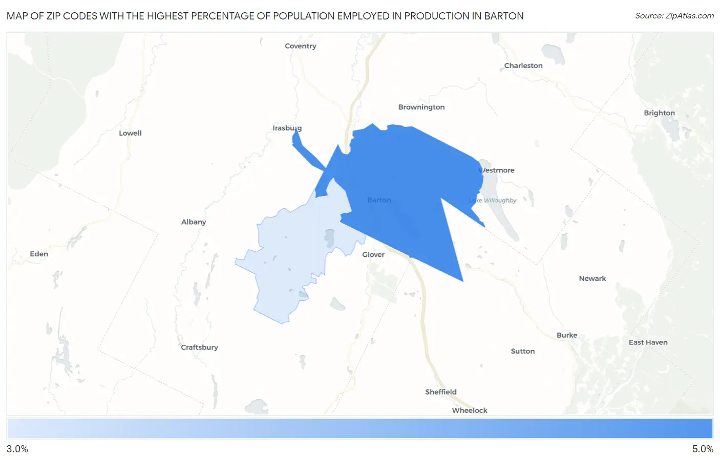 Zip Codes with the Highest Percentage of Population Employed in Production in Barton Map