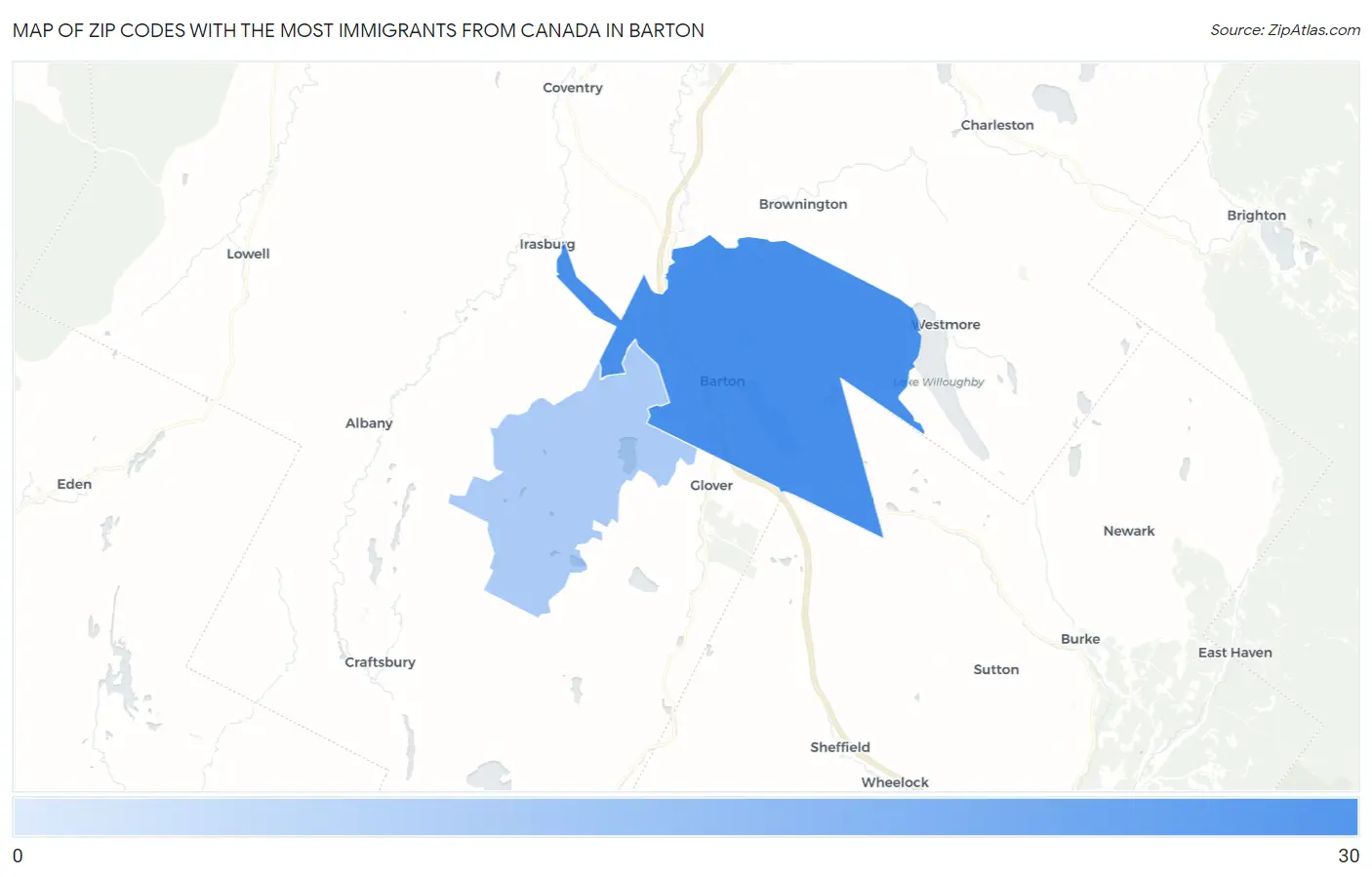 Zip Codes with the Most Immigrants from Canada in Barton Map