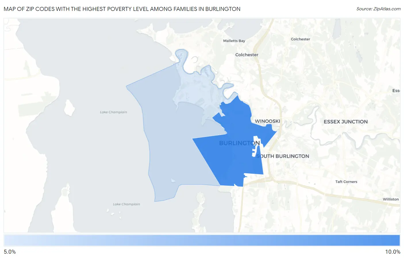 Zip Codes with the Highest Poverty Level Among Families in Burlington Map
