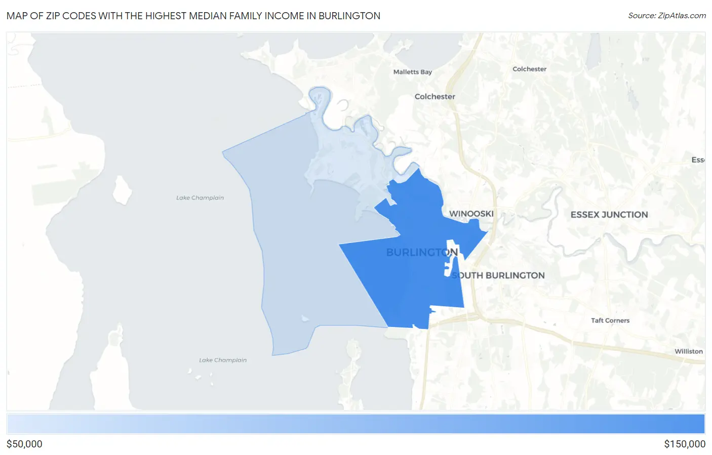 Zip Codes with the Highest Median Family Income in Burlington Map