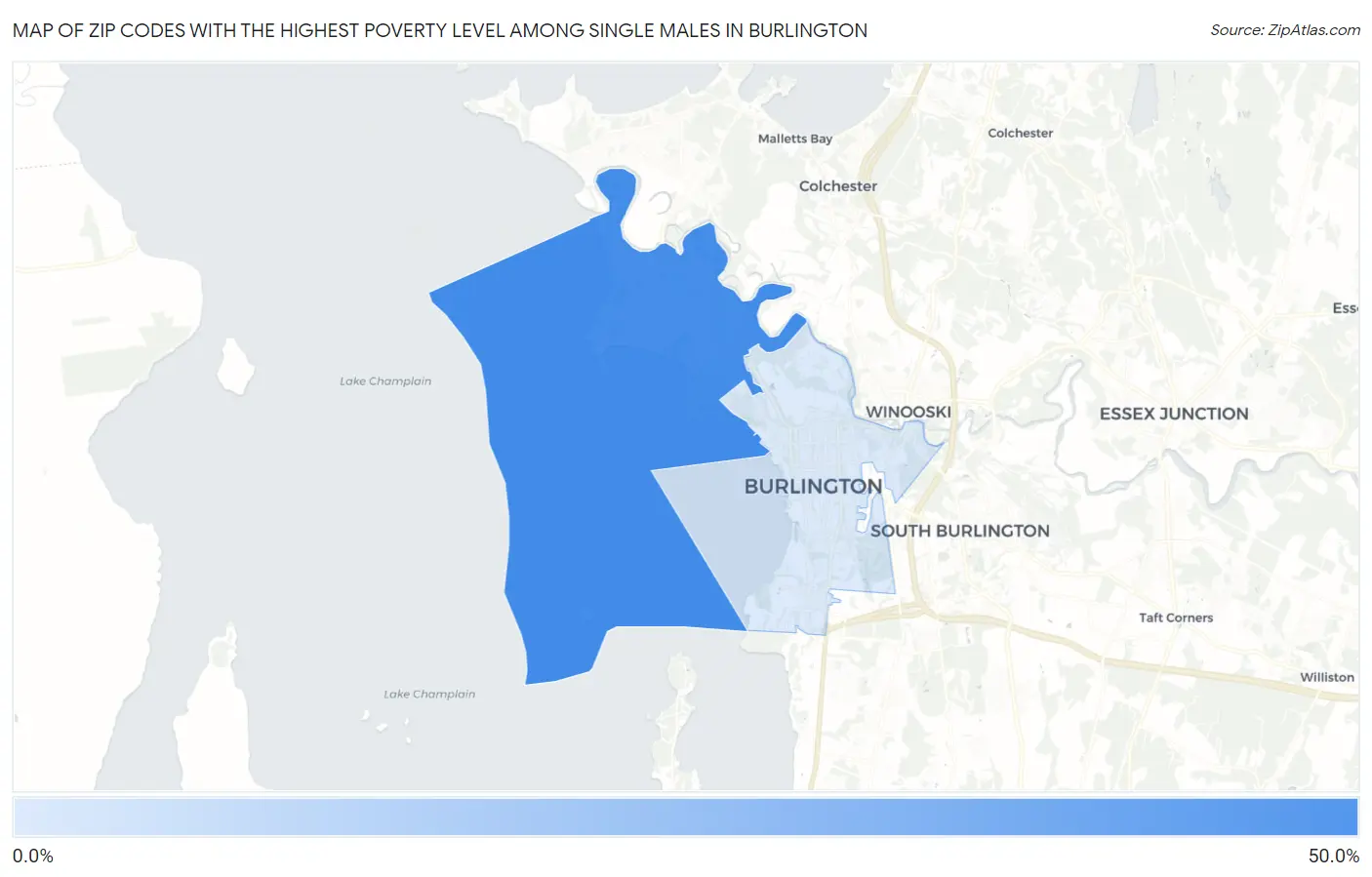 Zip Codes with the Highest Poverty Level Among Single Males in Burlington Map