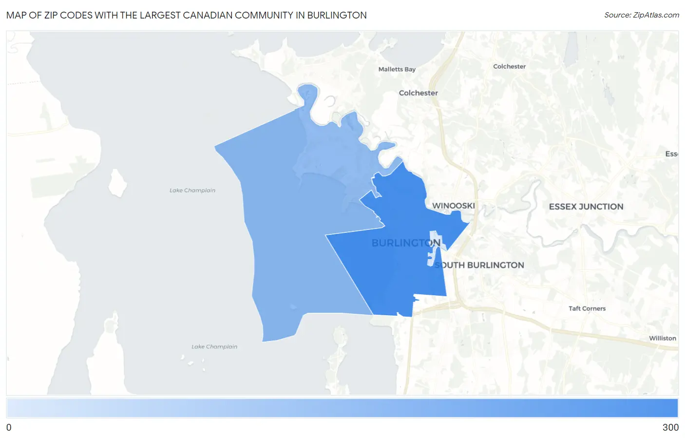 Zip Codes with the Largest Canadian Community in Burlington Map
