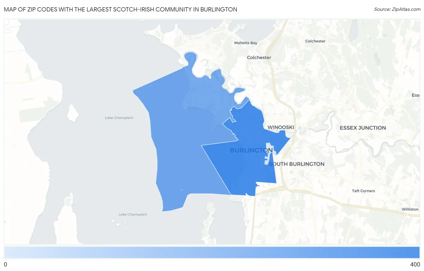 Zip Codes with the Largest Scotch-Irish Community in Burlington Map