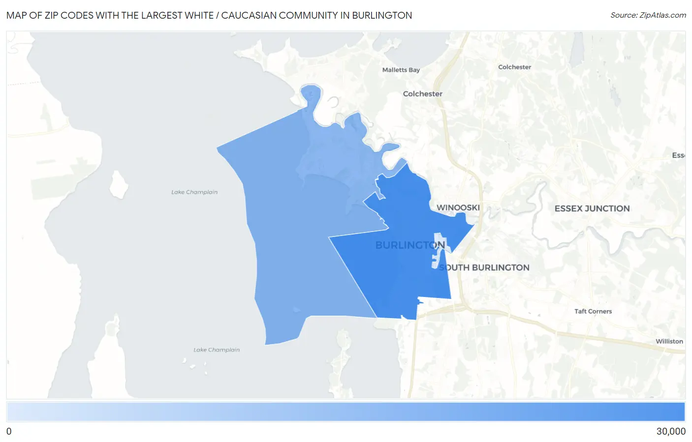 Zip Codes with the Largest White / Caucasian Community in Burlington Map