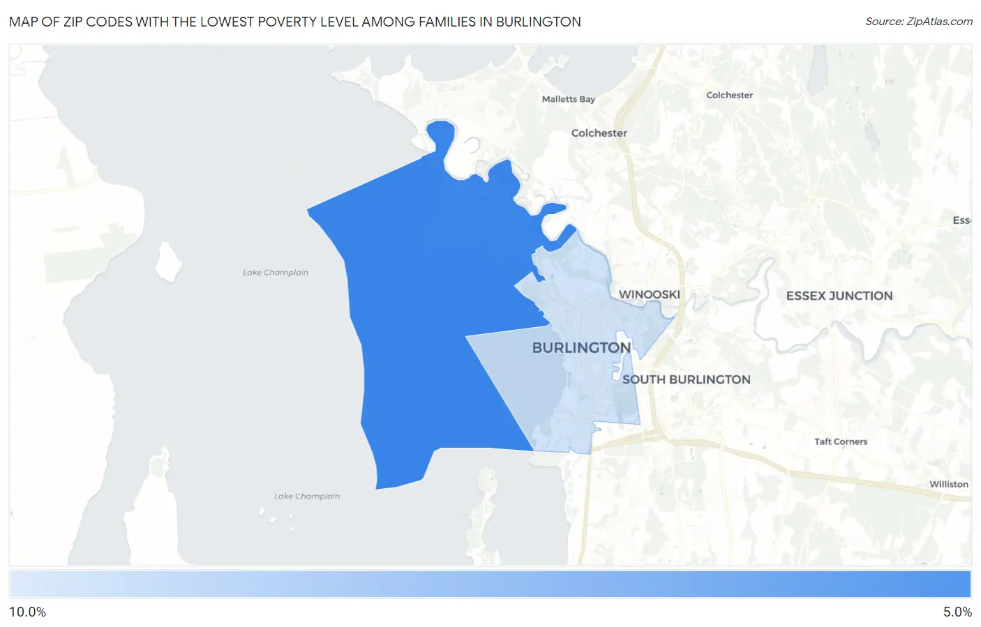 Zip Codes with the Lowest Poverty Level Among Families in Burlington Map