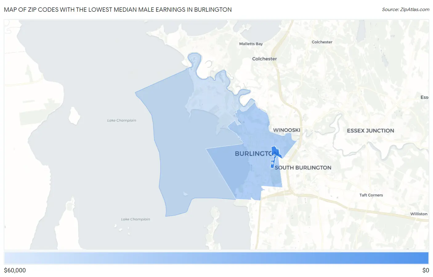 Zip Codes with the Lowest Median Male Earnings in Burlington Map